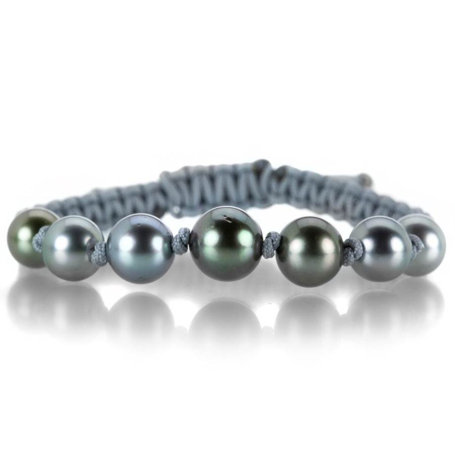 Bracelets Gellner | Light Gray Macrame Bracelet With 7 Tahitian Pearls