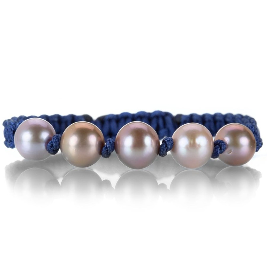 Bracelets Gellner | Cobalt Blue Macrame Bracelet With 5 Ming Pearls