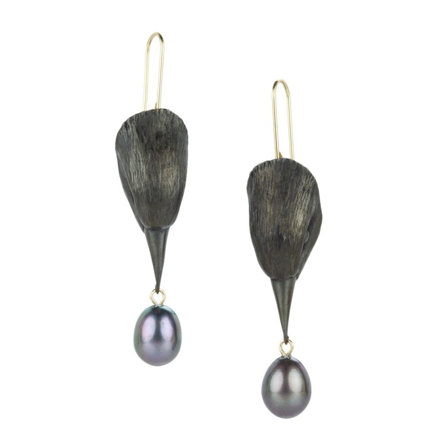 Earrings Gabriella Kiss | Bronze Bird Head Earrings With Black Pearls