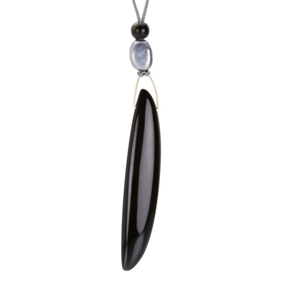 Necklaces Gabriella Kiss | Polished Black Jade Bean Pendant Necklace