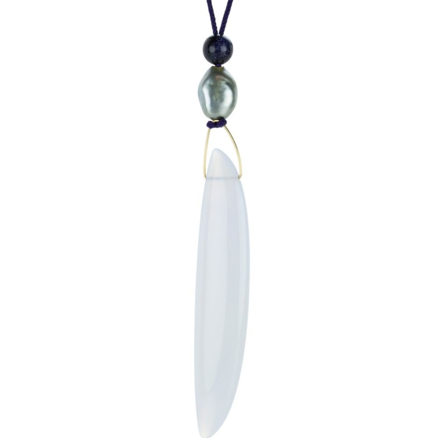 Necklaces Gabriella Kiss | Blue Chalcedony Bean Pendant On Silk Cord