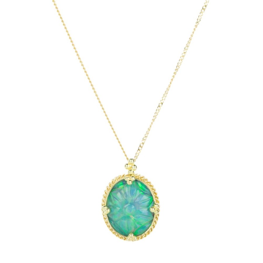 Necklaces Amali | Carved Flower Ethiopian Opal Pendant Necklace