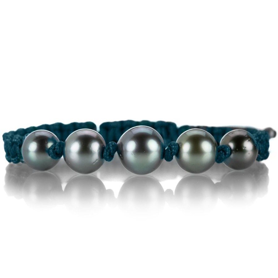 Bracelets Gellner | Teal Macrame Bracelet With 5 Tahitian Pearls