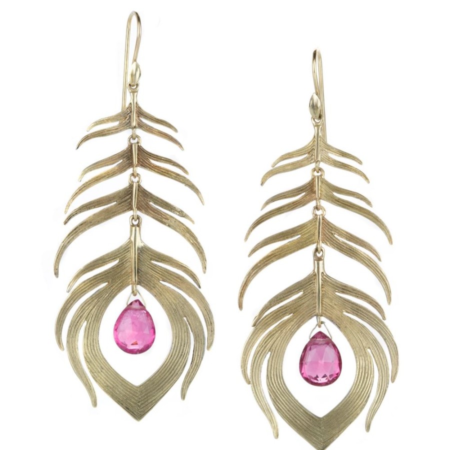 Earrings Annette Ferdinandsen | 14K Gold Peacock Feather Earrings With Rubellite