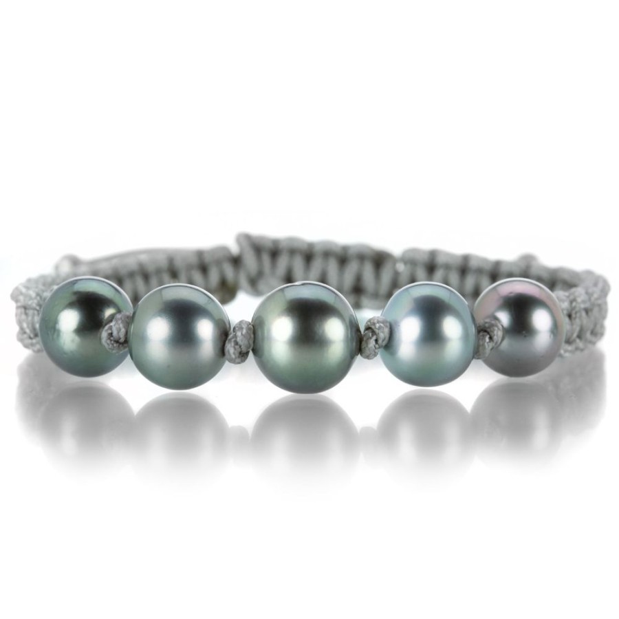 Bracelets Gellner | Gray Macrame Bracelet With 5 Gray Tahitian Pearls