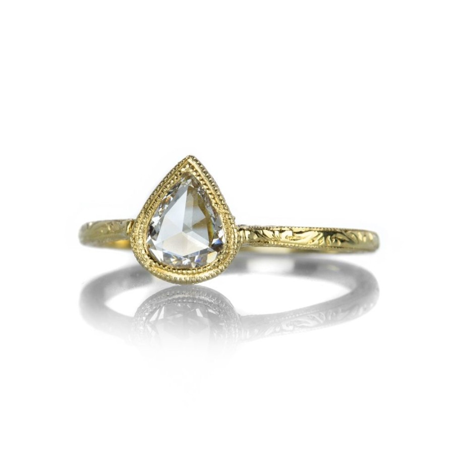 Rings Diana Mitchell | Pear Rose Cut Diamond Engraved Cathedral Ring