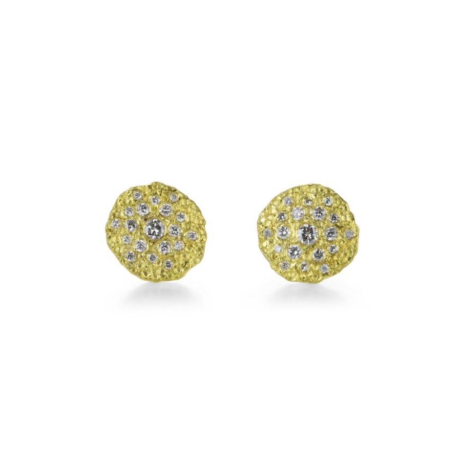 Earrings Petra Class | Round Textured Silk Disc Studs With Diamonds