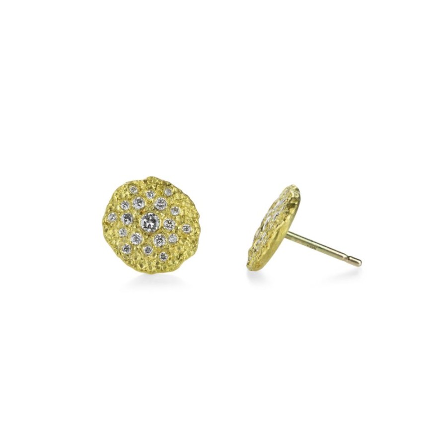 Earrings Petra Class | Round Textured Silk Disc Studs With Diamonds