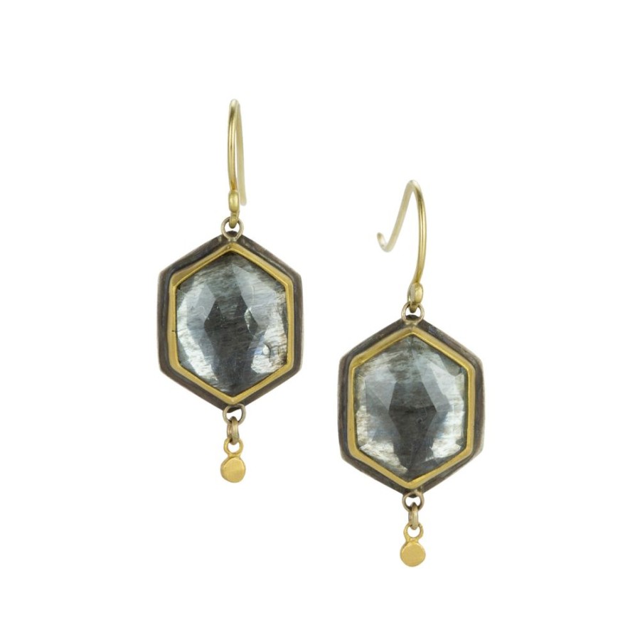 Earrings Ananda Khalsa | Rose Cut Hexagon Moss Aquamarine Drop Earrings