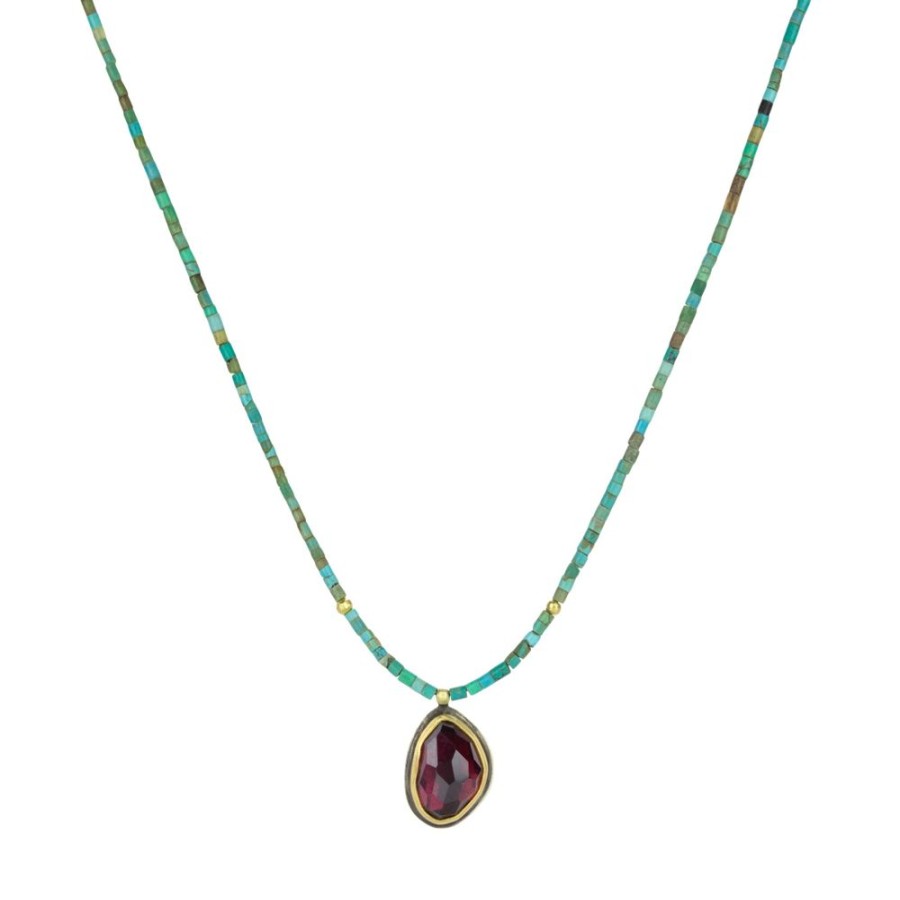 Necklaces Ananda Khalsa | Heishi Turquoise Bead Necklace With Garnet Pendant