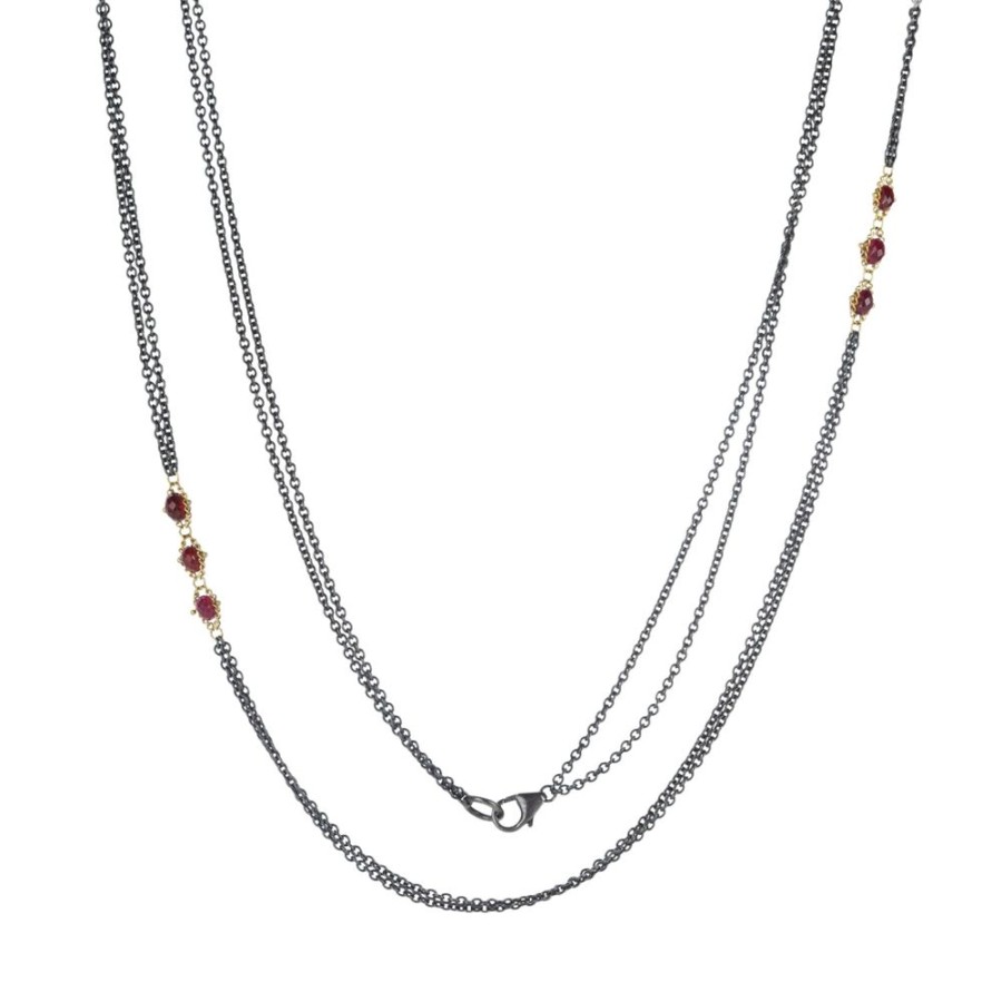 Necklaces Amali | Mixed Metal Triple Ruby Textile Station Necklace