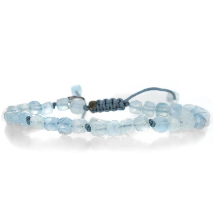 Bracelets Joseph Brooks | Faceted 5Mm Aquamarine Cube Macrame Bracelet