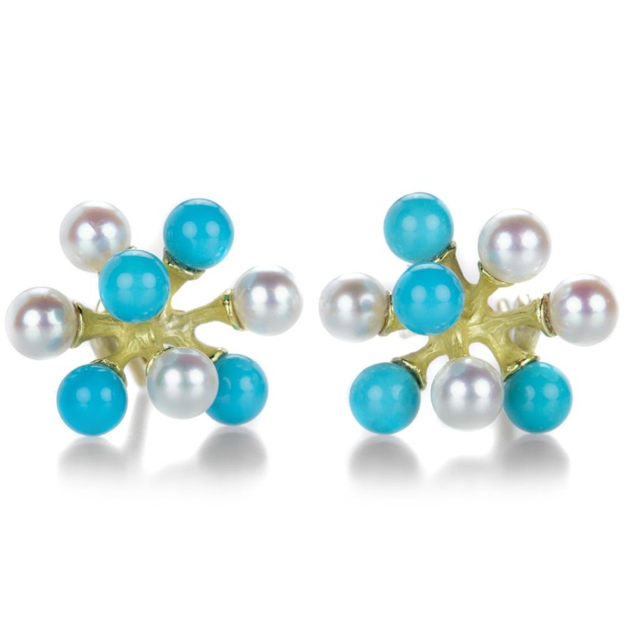 Earrings John Iversen | Small Turquoise And Akoya Pearl Jacks Earrings