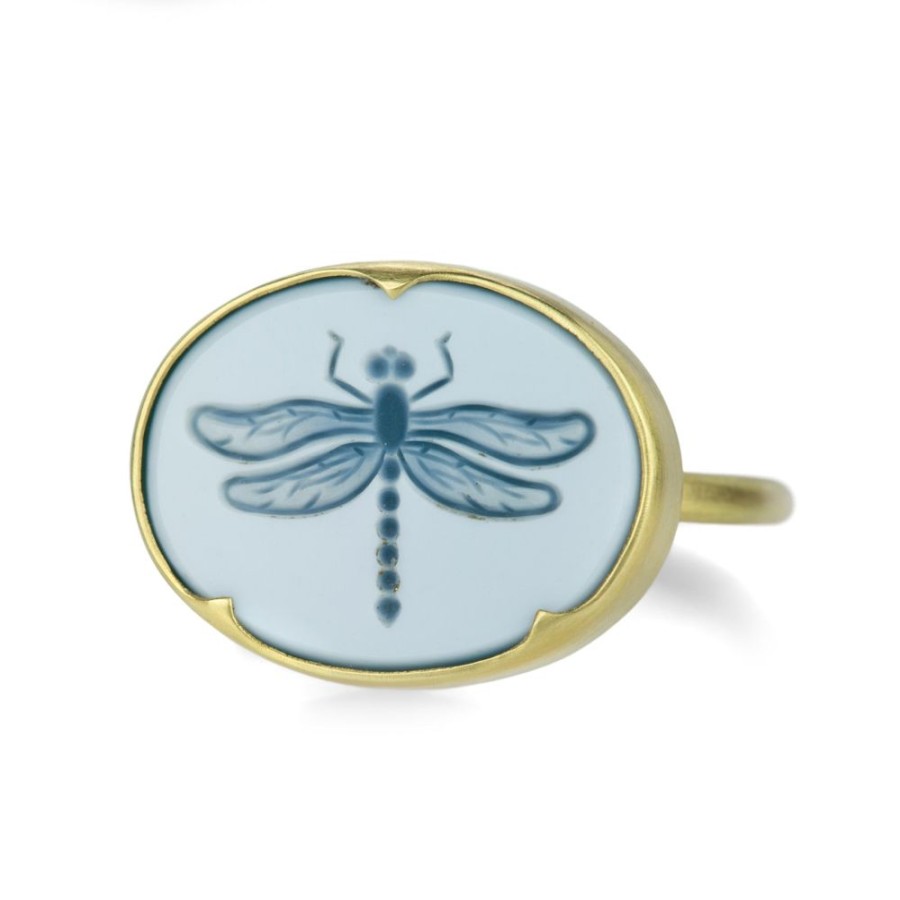 Rings Gabriella Kiss | White Green Agate Ring With Dragonfly Intaglio