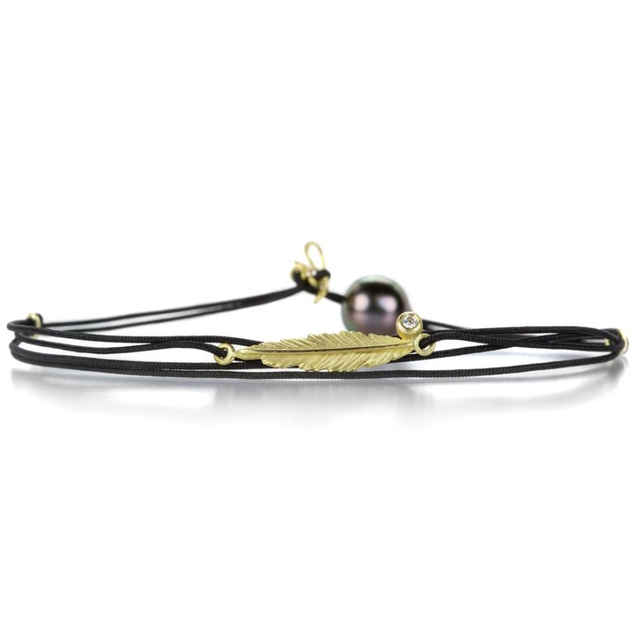 Bracelets Lene Vibe | Black Cord Bracelet With 18K Yellow Gold Feather