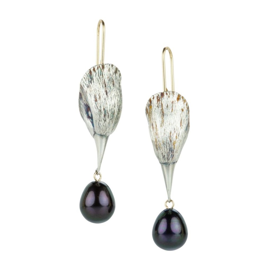 Earrings Gabriella Kiss | Silver Bird Head Earrings With Black Pearl Drops