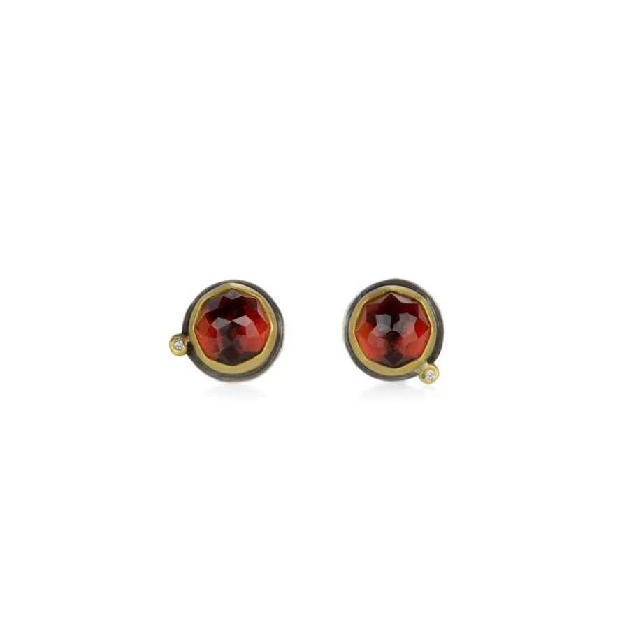 Earrings Ananda Khalsa | Round Rose Cut Garnet Stud Earrings