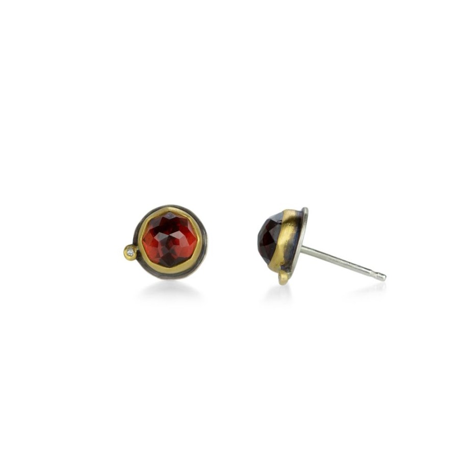 Earrings Ananda Khalsa | Round Rose Cut Garnet Stud Earrings