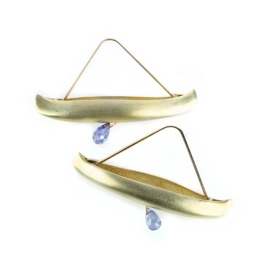 Earrings Gabriella Kiss | 14K Green Gold Canoe Earrings With Sapphire Drops