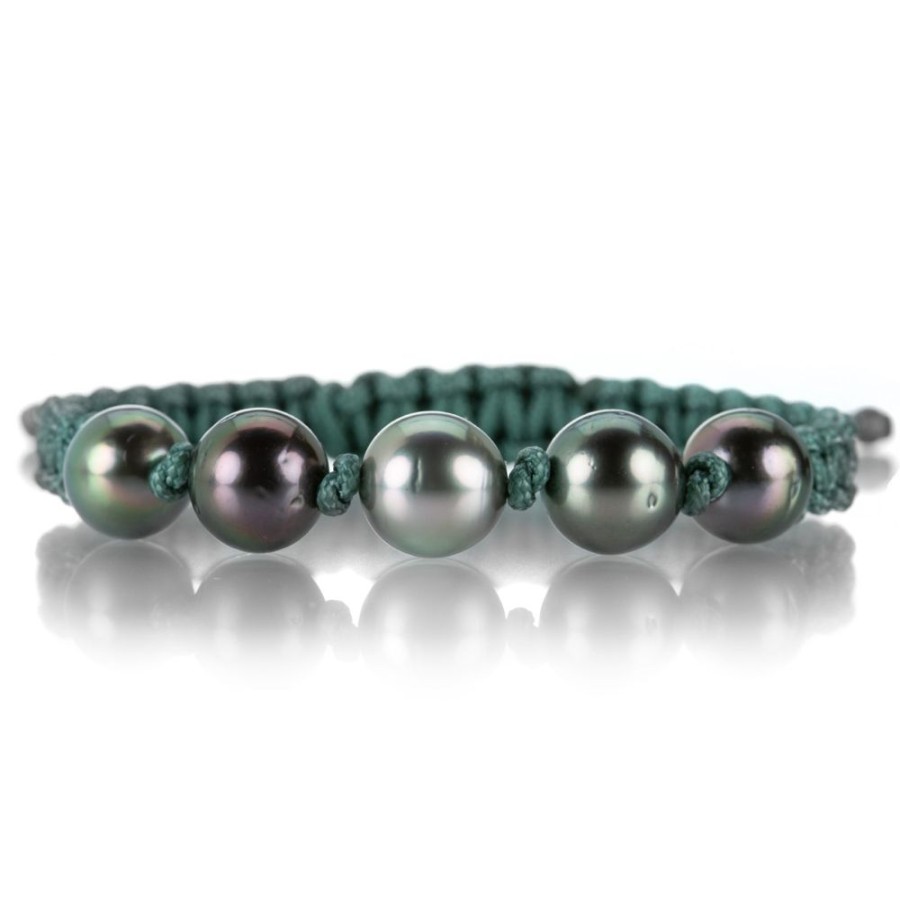 Bracelets Gellner | Dark Green Macrame Bracelet With 5 Tahitian Pearls