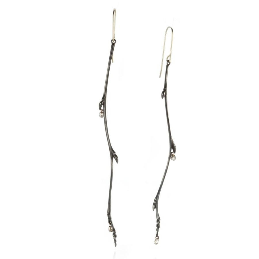 Earrings Gabriella Kiss | Bronze Long Bud Branch Earrings With Diamond Drops