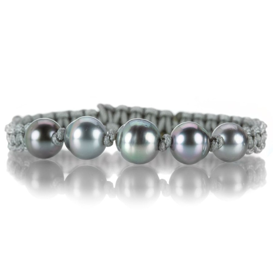 Bracelets Gellner | Gray Macrame Bracelet With 5 Tahitian Pearls