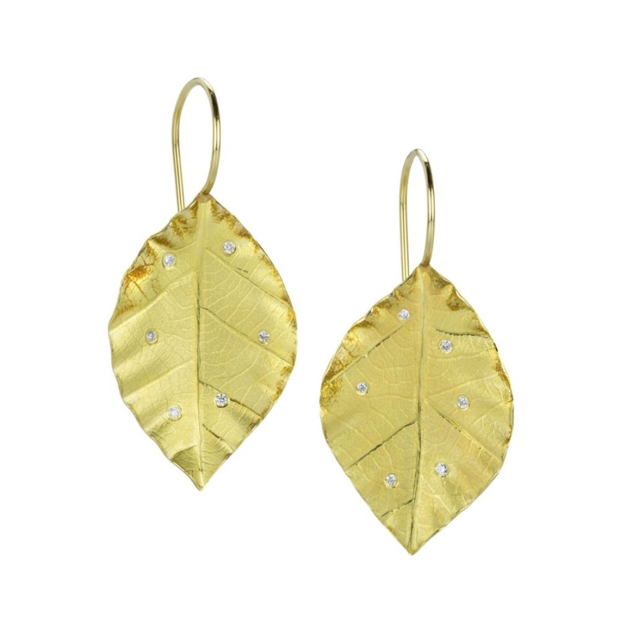 Earrings Barbara Heinrich | Poplar Leaf Earrings With Scattered Diamonds