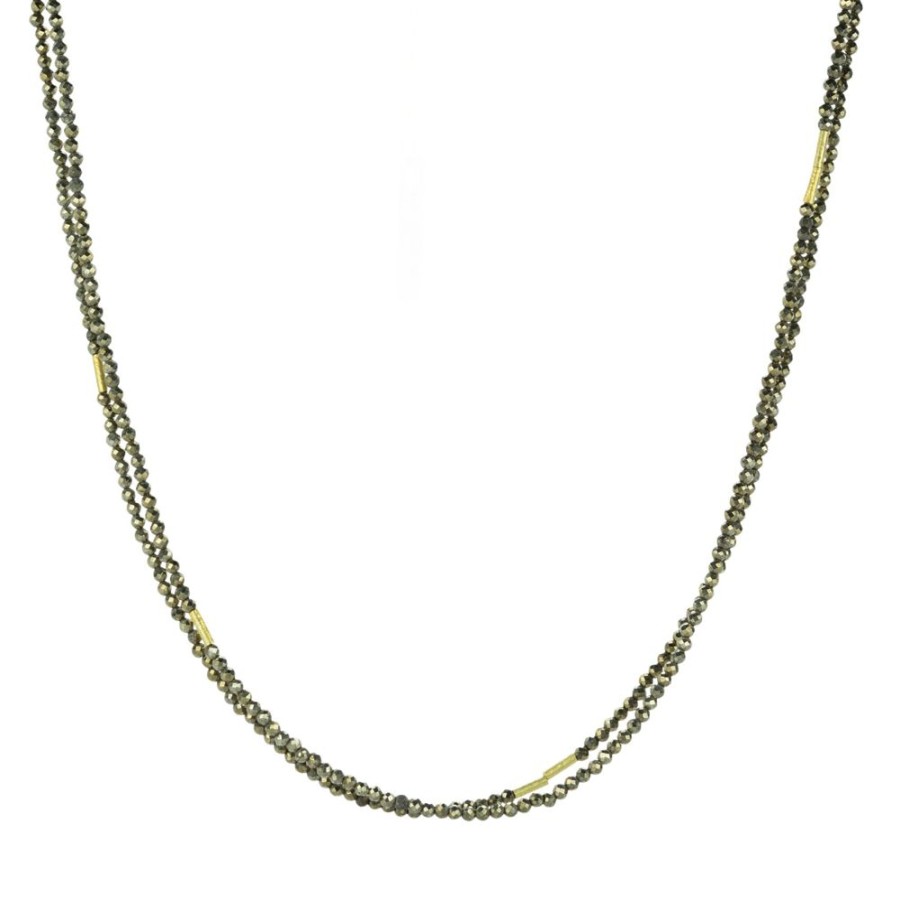 Necklaces Ananda Khalsa | Beaded Pyrite Necklace With Gold Tube Beads