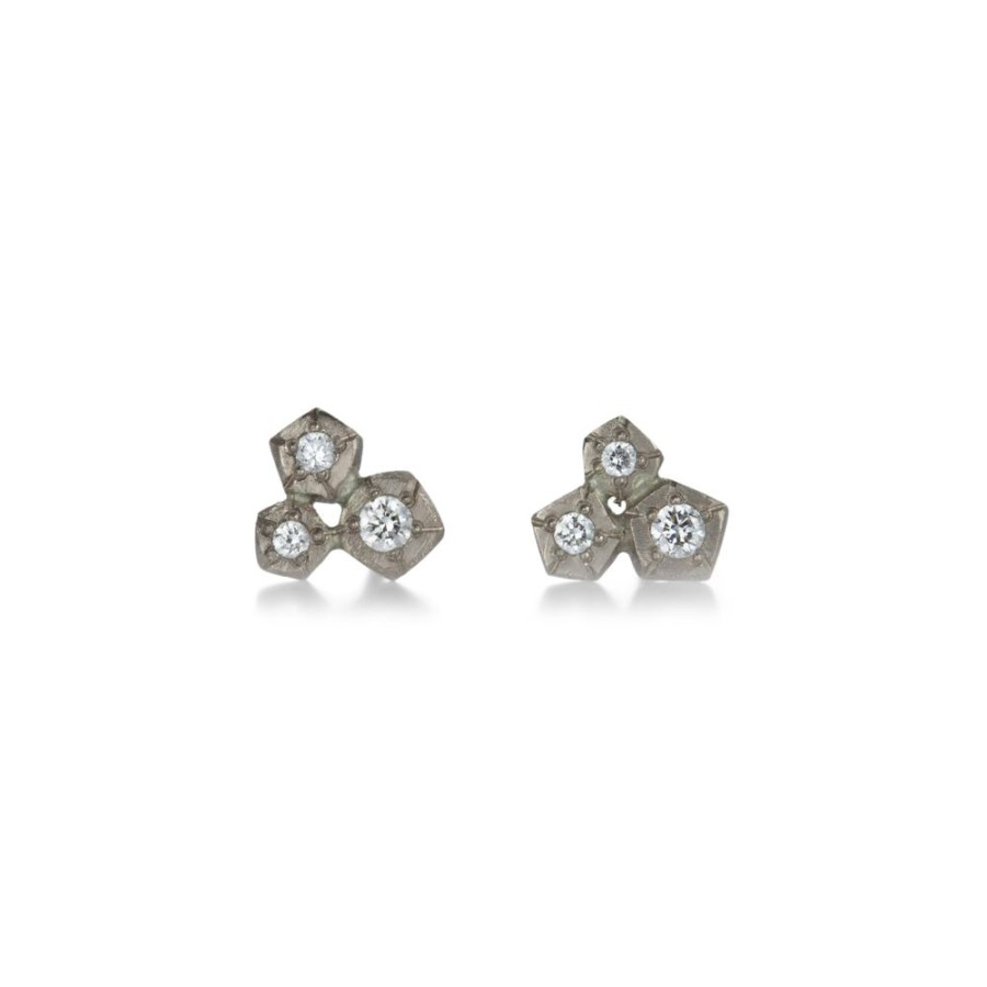 Earrings Annie Fensterstock | 18K White Gold Triple Rock Studs