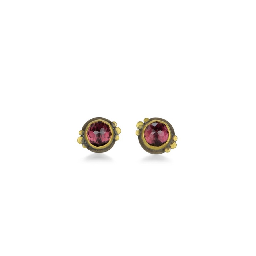 Earrings Ananda Khalsa | Round Rose Cut Rhodolite Garnet Studs