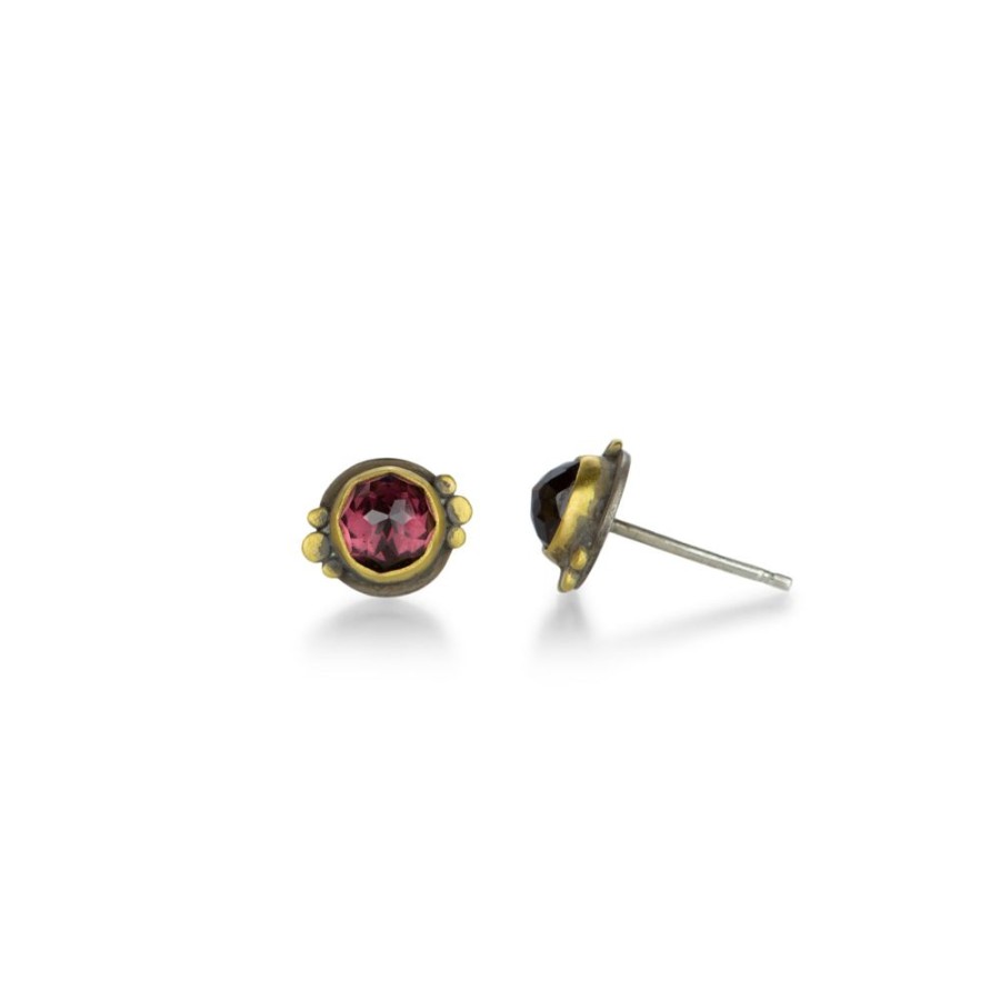 Earrings Ananda Khalsa | Round Rose Cut Rhodolite Garnet Studs