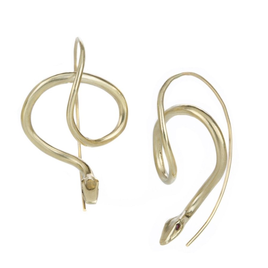 Earrings Annette Ferdinandsen | 14K Yellow Gold Serpent Earrings With Ruby